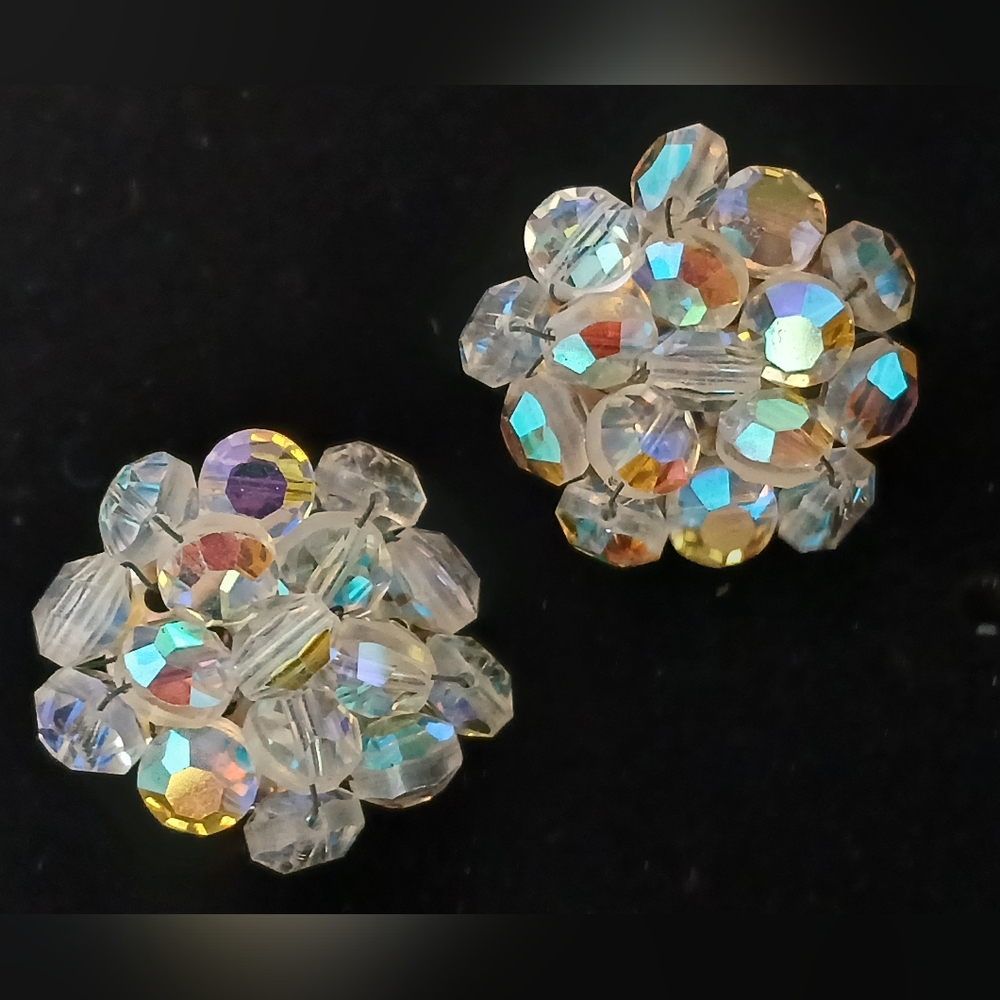 Vintage Aurora Borealis Bead Cluster Clip On Earrings